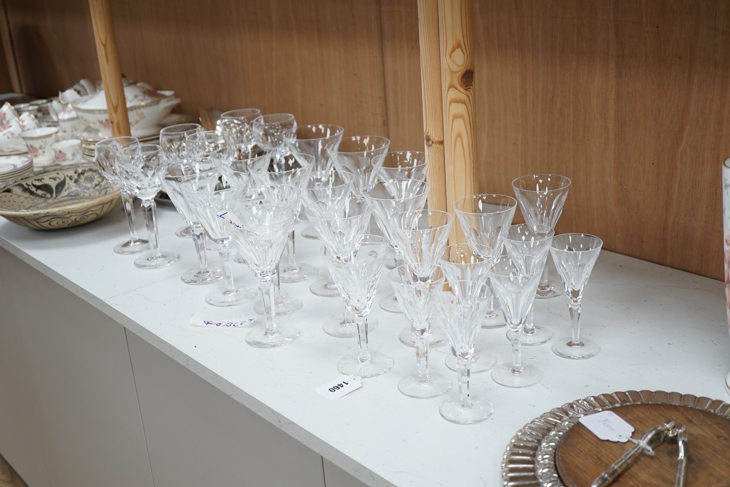 Waterford ‘Sheila’ pattern; six wine goblets, six flutes, six claret, four small wine and six aperitif, tallest 9cm high